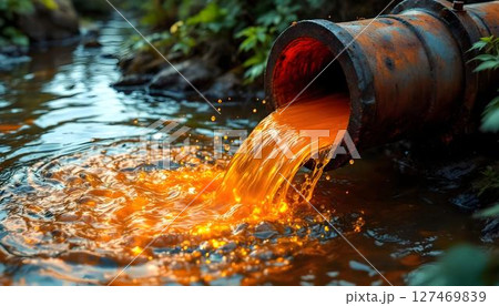 Oil spills from a pipe into a stream, showcasing the environmental consequences of wastewater contamination 127469839