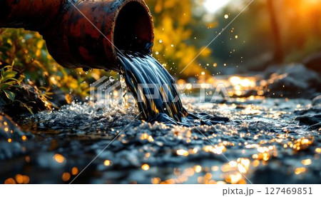 Water is flowing from a pipe into a stream, underscoring the persistent challenge of water pollution in our waterways 127469851