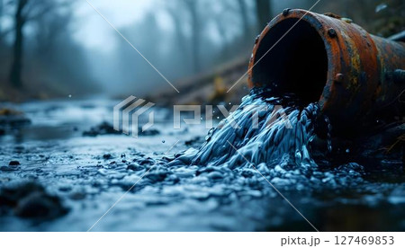 Water is discharged from a pipe into a stream, demonstrating the problem of water pollution impacting natural ecosystems 127469853