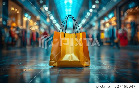 Golden shopping bag at an elegant mall with shimmering light reflections Golden shopping bag at an elegant mall with shimmering light reflections 127469947