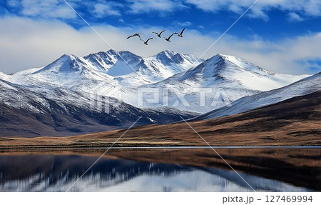 Majestic Snowy Mountain Landscape with Tranquil Lake Reflection and Birds 127469994