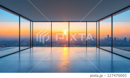 Panoramic Cityscape View at Sunset from Modern High-Rise Office Interior 127470005