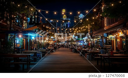 Vibrant Night Market Scene, A bustling street adorned with lights and lively vendors, attracting crowds for an unforgettable evening experience 127470008