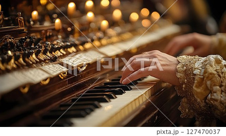 Elegance in music: Hands poised over keys of a vintage decorated piano 127470037