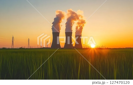 Scenic Nuclear Power Plant at Sunset with Field of Grain in Foreground 127470120