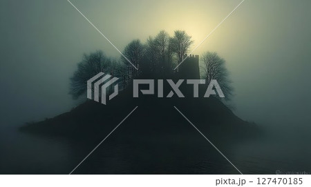 Ethereal island castle enveloped in a blanket of mist and secrets 127470185