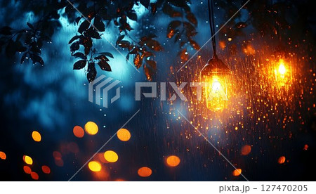 Serene Rainy Night, Lanterns Glow Amidst a Gentle Rainfall Ambiance Serene Rainy Night, Lanterns Glow Amidst a Gentle Rainfall Ambiance 127470205
