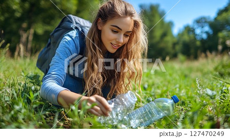 Young woman picks up plastic waste in natural park area, environmental activism 127470249