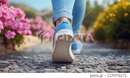 Stepping into Serenity: A Journey Through Blooming Paths in Casual Blue Shoes 127470272