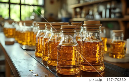 Rows of glass bottles filled with golden liquid on a rustic wooden surface Rows of glass bottles filled with golden liquid on a rustic wooden surface 127470280