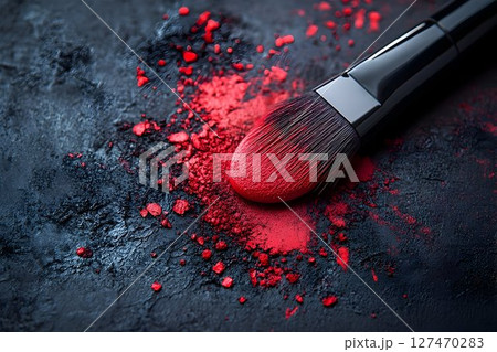 Crimson Touch: Close-Up of a Makeup Brush with vibrant red pigment detail 127470283