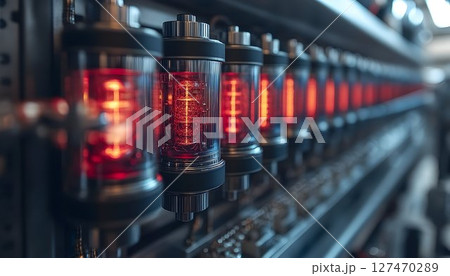 Illuminated Vacuum Tubes Array in Vintage Electronic Machine Setting 127470289