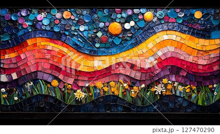 Whimsical Mosaic Landscape Art Featuring Vibrant Sunset and Floral Meadow 127470290