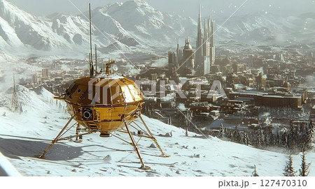 High-Tech Planetary Lander Exploring a Future Alpine Cityscape on Distant World 127470310