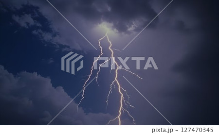 Dramatic electrical storm with bright lightning over the dark sky 127470345