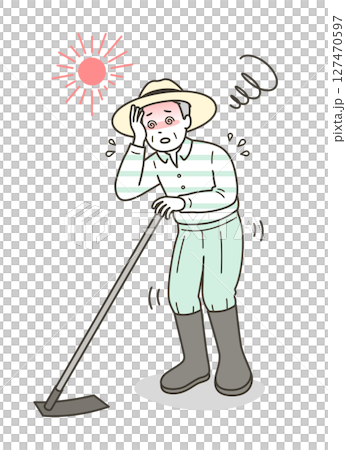 一位老人在農場工作時中暑和頭暈的插圖 127470597