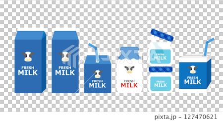 一套牛奶和優格容器（藍色、紙包裝、瓶子、向量插圖、牛） 127470621