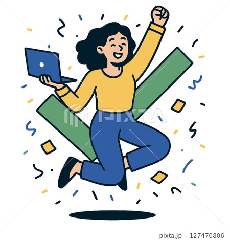 Jumping woman celebrating success with laptop Jumping woman celebrating success with laptop 127470806
