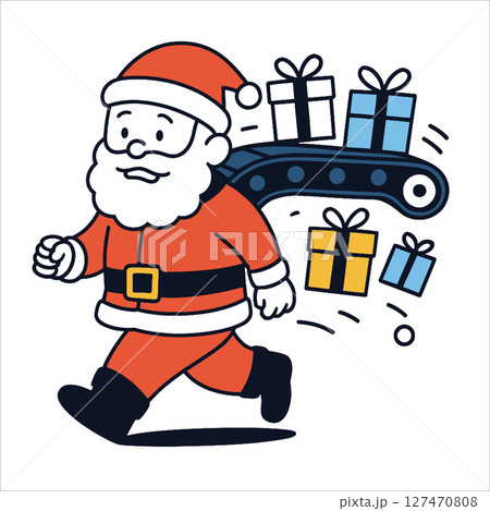 Santa Claus running with gifts on conveyor belt, spreading holiday cheer and excitement 127470808