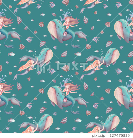 Delicate watercolor pattern in blue with mermaids, shells, fish and whale. Seamless watercolor pattern for kids on the theme of sea life. 127470839