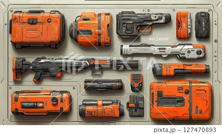 Futuristic Weapons and Gear Layout on a Neutral Background 127470893