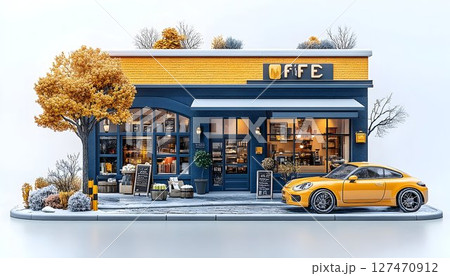 Charming Coffee Shop Scene with Autumn Vibes and Sports Car 127470912