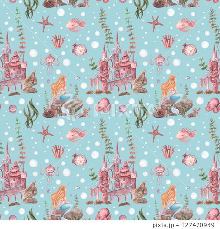Delicate watercolor pattern in blue with mermaids, shells, fish and princess castle on blue background. Seamless watercolor pattern for kids on the theme of sea life. 127470939