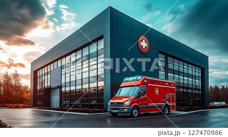 Modern medical facility with ambulance parked outside under expressive sky 127470986