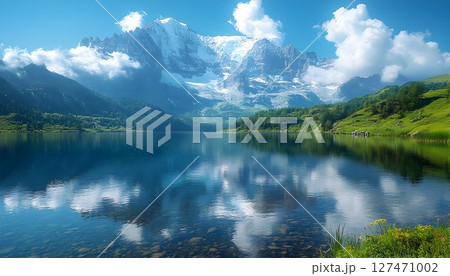 Serene alpine lake mirroring snow-capped mountains and cloud reflections Serene alpine lake mirroring snow-capped mountains and cloud reflections 127471002