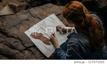 Young woman artist sketching prehistoric art in a cave environment concept Young woman artist sketching prehistoric art in a cave environment concept 127471020