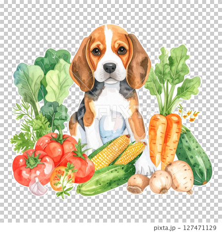 Watercolor illustration of summer vegetables and a beagle puppy 1 / Material for flyers and posters Watercolor illustration of summer vegetables and a beagle puppy 1 / Material for flyers and posters 127471129