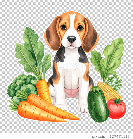 夏季蔬菜和小獵犬小狗的水彩插圖 4 / 傳單和海報材料 127471132