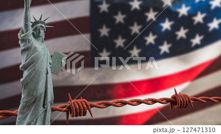 The Statue of liberty and barbed wire on America flag 3d Rendering. The Statue of liberty and barbed wire on America flag 3d Rendering. 127471310