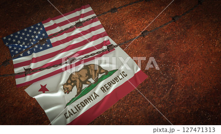 The California and America flag for Crisis concept 3d Rendering. The California and America flag for Crisis concept 3d Rendering. 127471313