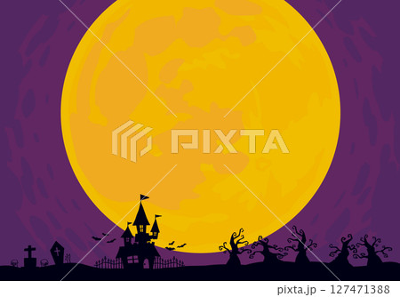 満月の夜に洋館・墓地・枯れ木の森のシルエットがある手描きのハロウィン背景素材 127471388