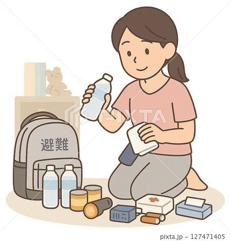 防災リュックと備蓄品を確認する女性のイラスト,非常時に備えて避難グッズを点検する女性,水や薬などの防 127471405
