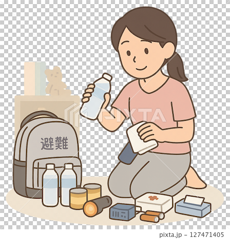 防災リュックと備蓄品を確認する女性のイラスト,非常時に備えて避難グッズを点検する女性,水や薬などの防 127471405