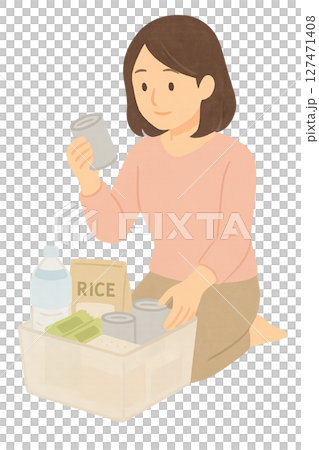 Disaster prevention illustration of a woman checking emergency supplies, illustration of a woman checking emergency food and water, preparing for summer disasters and heat stroke 127471408
