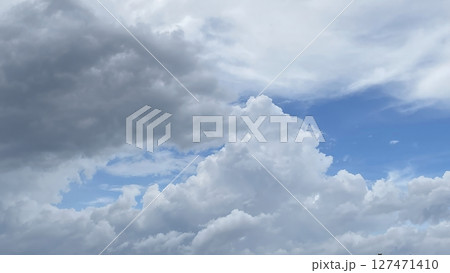A dramatic cloudy sky just before rainfall, with layers of soft gray clouds spreading across the atmosphere. Perfect for weather, nature, and mood related themes.  127471410
