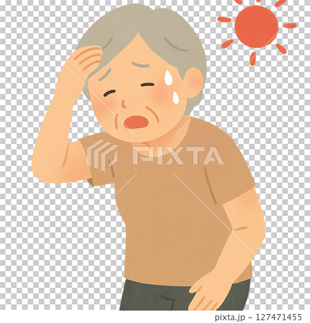 Illustration of heatstroke in an elderly woman who falls ill under the hot sun, an elderly woman complaining of dizziness in the strong sunlight, a woman suffering from the summer heat 127471455