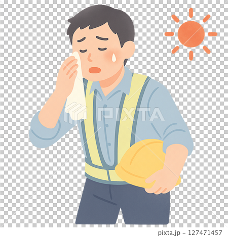 Illustration of a worker who is about to become ill due to the intense heat, a male field worker showing fatigue while wiping sweat, heatstroke in the hot sun Illustration of a worker who is about to become ill due to the intense heat, a male field worker showing fatigue while wiping sweat, heatstroke in the hot sun 127471457