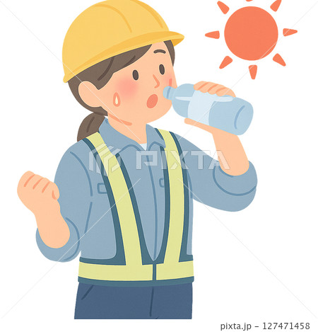 猛暑の中で水分補給をする女性作業員のイラスト,炎天下で汗をかきながら水を飲む現場女性スタッフ,ヘルメ 127471458