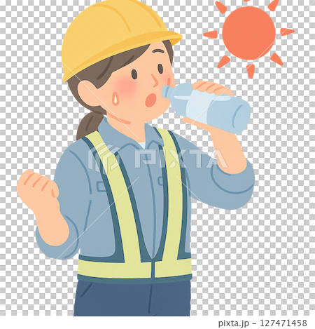 圖：一名女工在酷暑中補充水分，一名女工在烈日下大汗淋漓地喝水，一名女工戴著頭盔 127471458