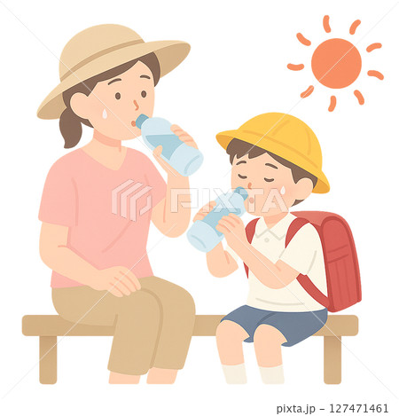 炎天下で親子が水分補給をする夏の対策イラスト,帽子をかぶった母子が熱中症予防で水を飲む様子,夏の日差 127471461