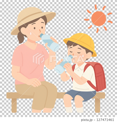 炎天下で親子が水分補給をする夏の対策イラスト,帽子をかぶった母子が熱中症予防で水を飲む様子,夏の日差 127471461