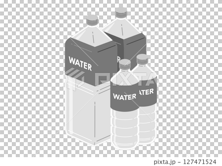 2リットルペットボトルと500ミリリットルペットボトルのミネラルウォーターのイラスト 127471524