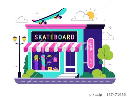 Skateboard Shop Vector Illustration Featuring a Shop That Sells Skateboards Equipment Such as Boards, Wheels, and Other Accessories Background Skateboard Shop Vector Illustration Featuring a Shop That Sells Skateboards Equipment Such as Boards, Wheels, and Other Accessories Background 127471686