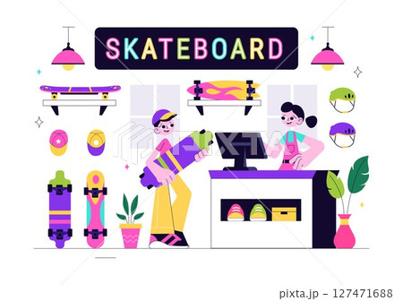 Skateboard Shop Vector Illustration Featuring a Shop That Sells Skateboards Equipment Such as Boards, Wheels, and Other Accessories Background 127471688