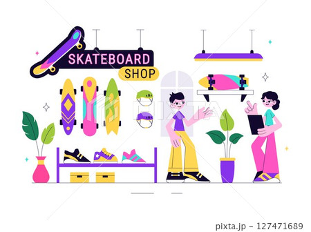 Skateboard Shop Vector Illustration Featuring a Shop That Sells Skateboards Equipment Such as Boards, Wheels, and Other Accessories Background 127471689