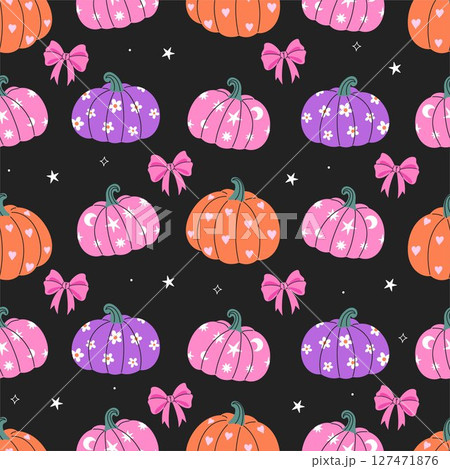 Seamless pattern with pumpkins and bows on a...のイラスト素材 [127471876] - PIXTA